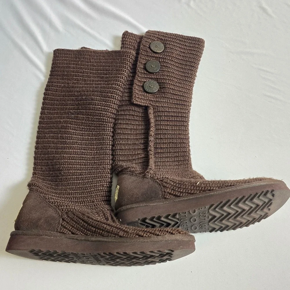 UGG Lattice Cardy Brown Knit Tall Button Boots 5819 Womens 8